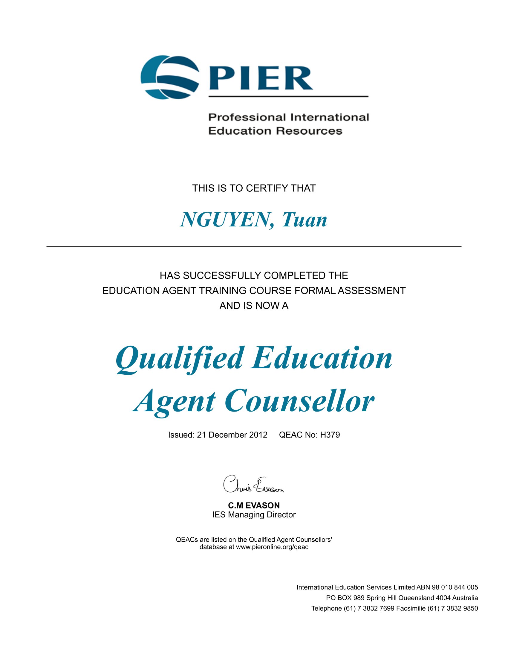 Chứng chỉ tư vấn du học Úc Qualified Education Agent Counsellor