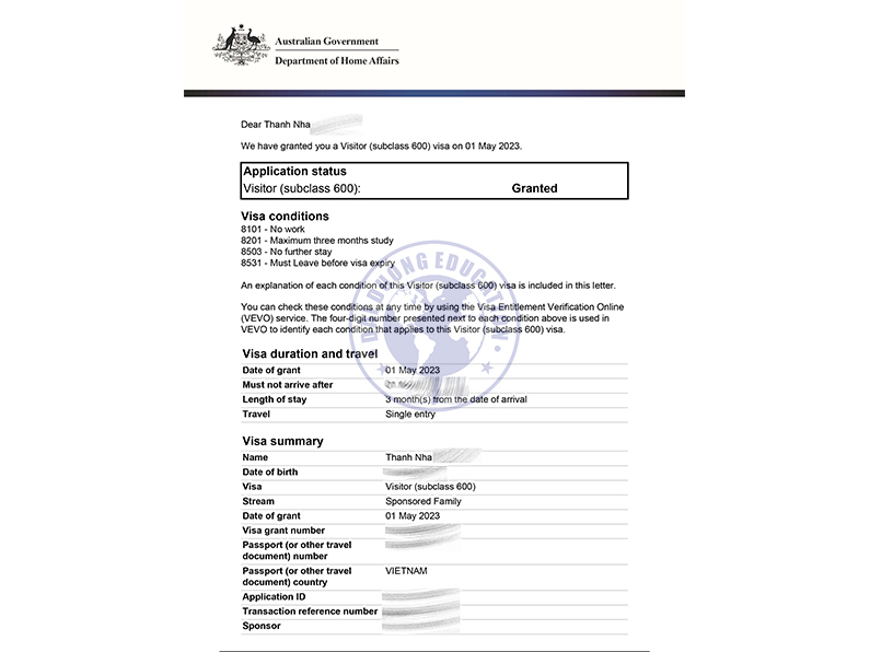 Thanh Nhã – Khách hàng đạt Visa du lịch Úc