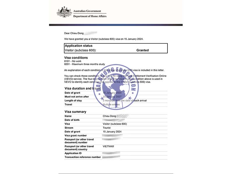 Chieu Dong – khách hàng đạt Visa du lịch Úc