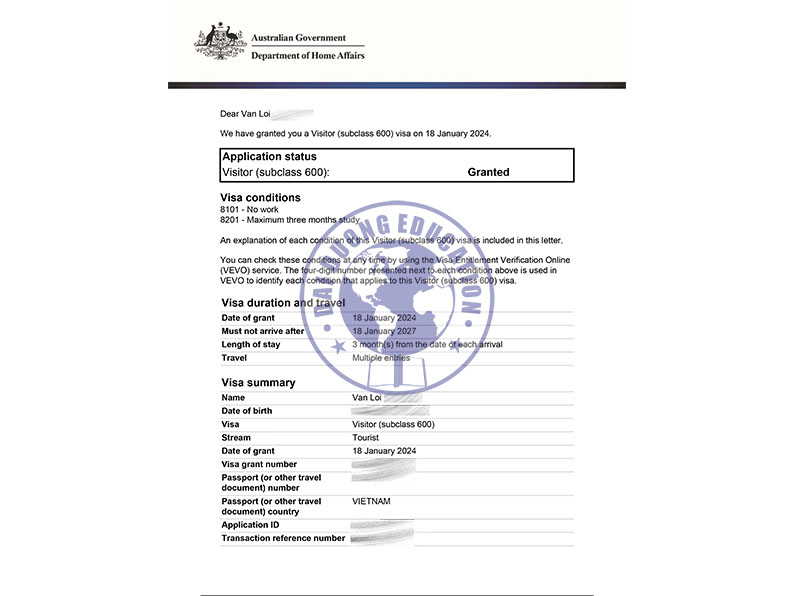 Van Loi – khách hàng đạt visa du lịch Úc