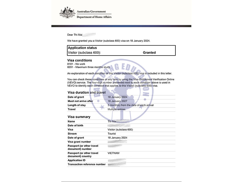 Thi Mai – khách hàng đạt visa du lịch Úc