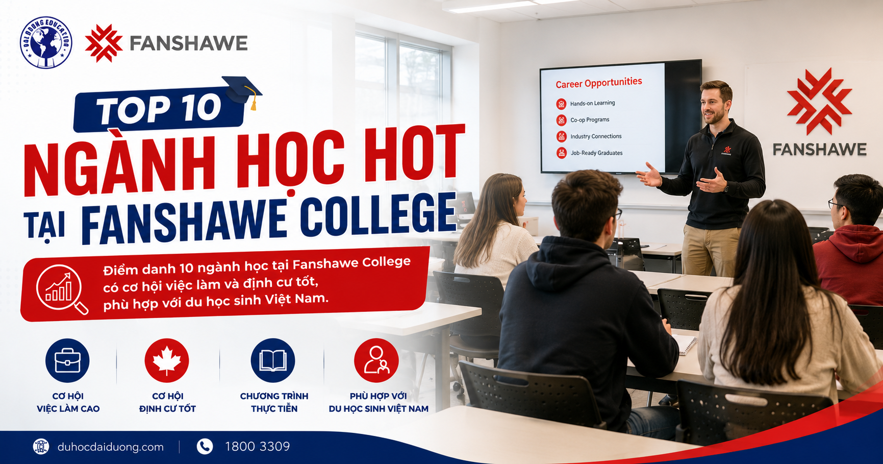 Khám phá Top 10 ngành học hot tại Fanshawe College 2026 dành cho du học sinh Việt Nam, cùng cơ hội việc làm và định hướng nghề nghiệp tại Canada.